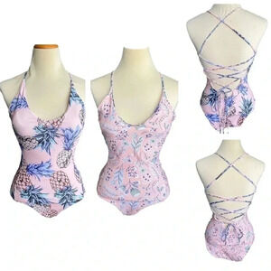 Marina Vida Reversible One-Piece Swim Pineapple/Floral Lace Up Halter- Small